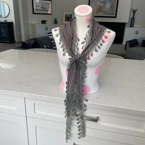 Hand Crafted Fabric Boho Scarf/Belt/Hair Tie w Cotton Lace Trim Grey Sz OS